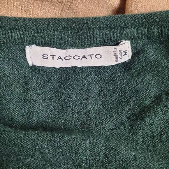 Staccato Sweater M Green Tan Stripe Pullover Lightweight Soft Casual Knit - Picture 4 of 6